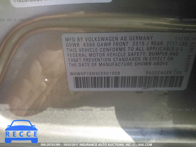 2012 Volkswagen CC LUXURY WVWHP7AN9CE501008 зображення 8
