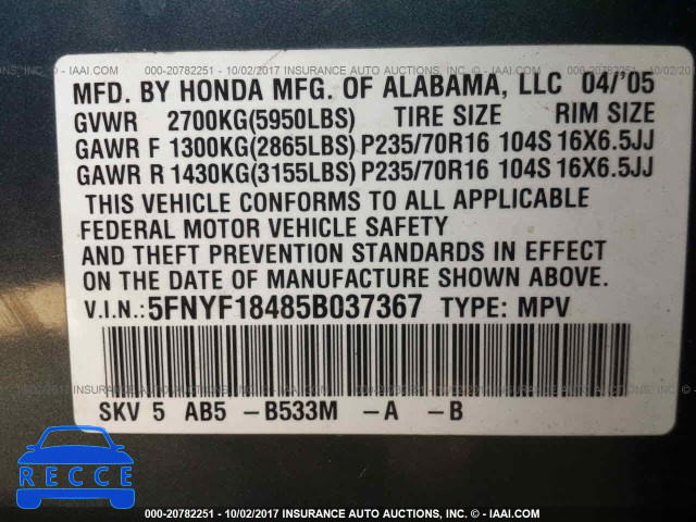 2005 Honda Pilot 5FNYF18485B037367 image 8