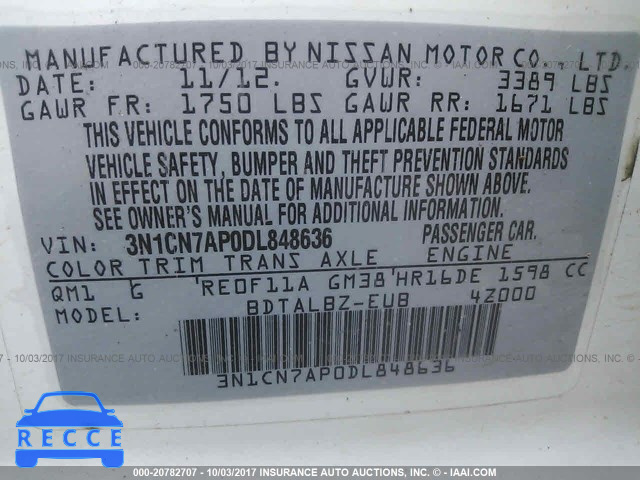 2013 Nissan Versa 3N1CN7AP0DL848636 image 8