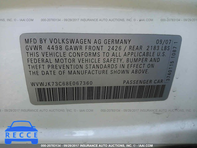 2008 Volkswagen Passat WVWJK73C68E067360 image 8
