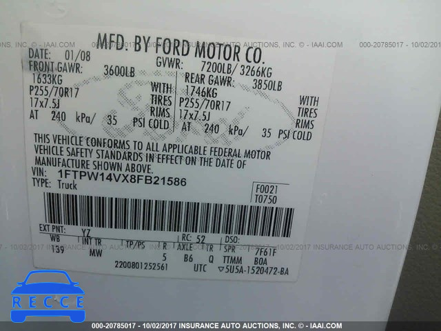 2008 Ford F150 1FTPW14VX8FB21586 зображення 8