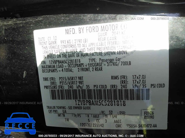 2012 Ford Mustang 1ZVBP8AM5C5281818 image 8