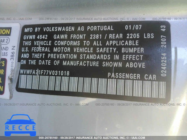 2007 Volkswagen EOS 2.0T LUXURY WVWFA71F77V031018 image 8