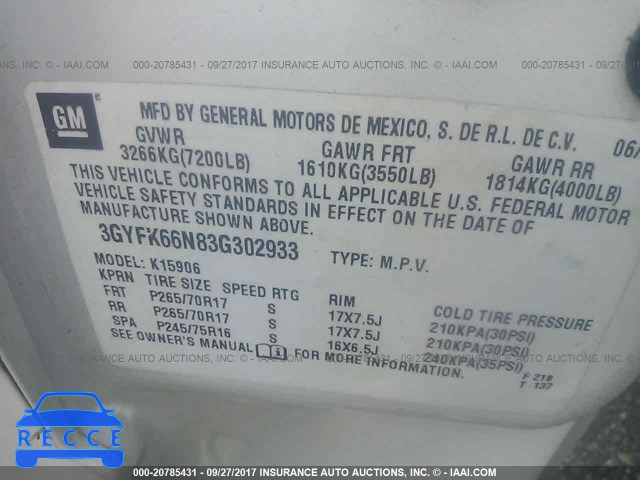 2003 Cadillac Escalade ESV 3GYFK66N83G302933 зображення 8