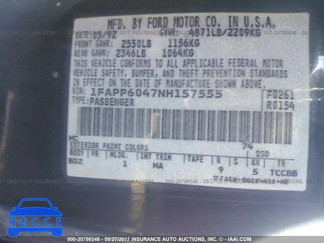 1992 Ford Thunderbird 1FAPP6047NH157555 зображення 8