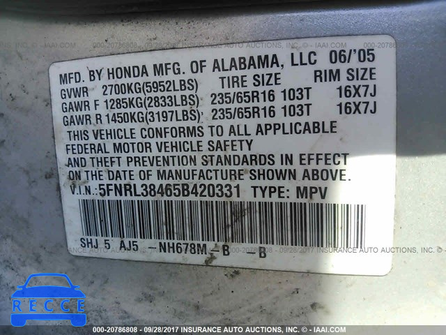 2005 Honda Odyssey 5FNRL38465B420331 image 8