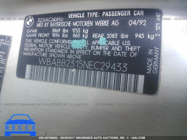 1992 BMW 325 IC AUTOMATICATIC WBABB2315NEC29433 image 8