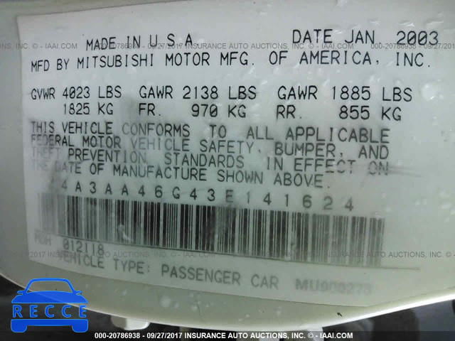 2003 MITSUBISHI GALANT 4A3AA46G43E141624 Bild 8