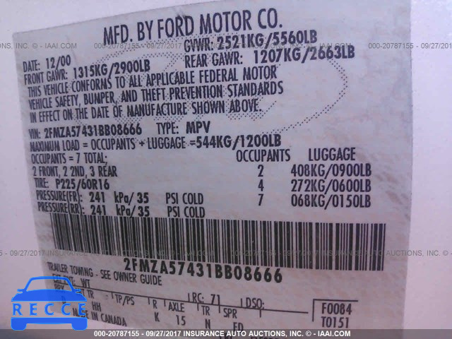 2001 FORD WINDSTAR 2FMZA57431BB08666 image 8