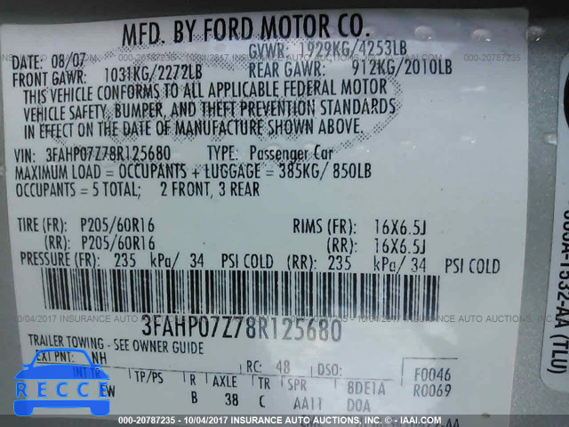 2008 Ford Fusion 3FAHP07Z78R125680 Bild 8