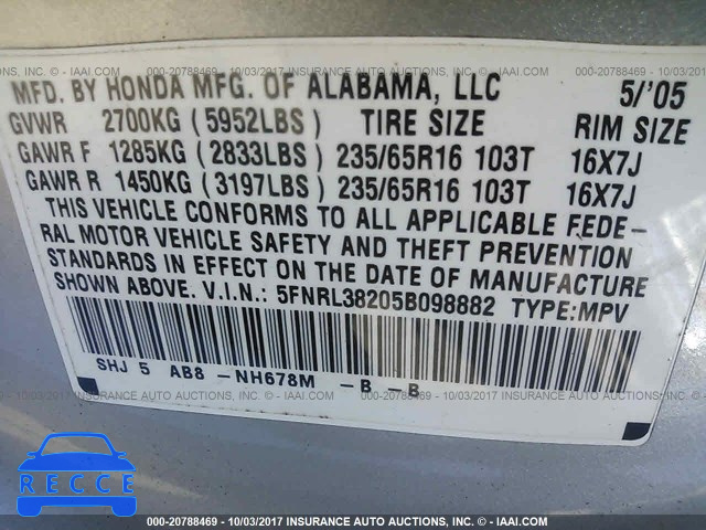 2005 HONDA ODYSSEY 5FNRL38205B098882 image 8