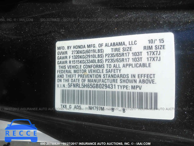 2016 Honda Odyssey 5FNRL5H65GB029431 image 8