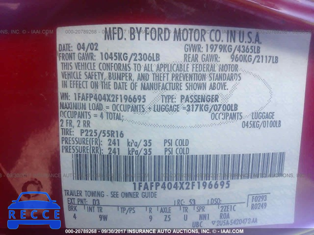 2002 Ford Mustang 1FAFP404X2F196695 зображення 8