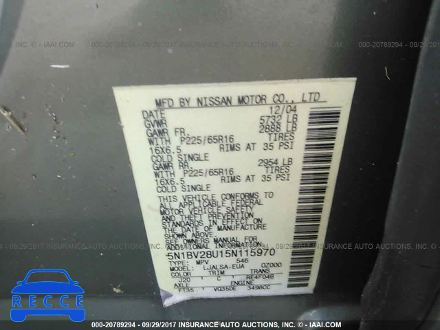 2005 Nissan Quest S/SE/SL 5N1BV28U15N115970 Bild 8