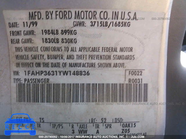 2000 FORD FOCUS 1FAHP3631YW148836 image 8