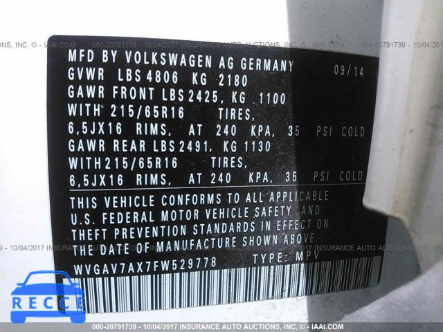 2015 Volkswagen Tiguan WVGAV7AX7FW529778 image 8