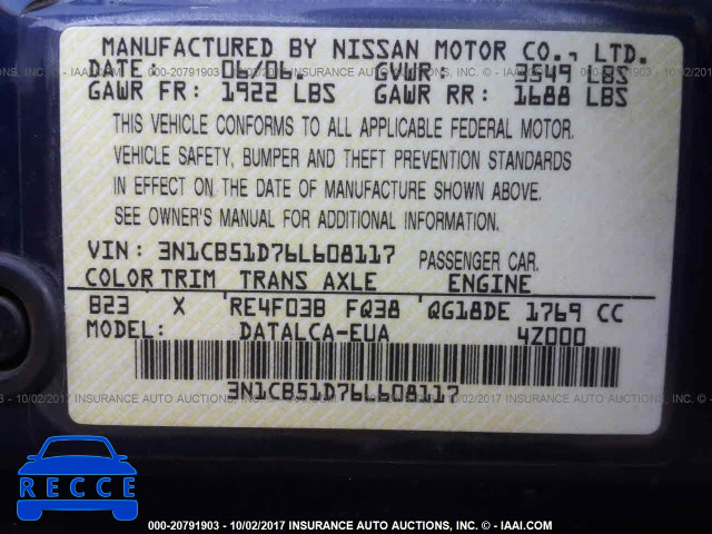 2006 Nissan Sentra 3N1CB51D76L608117 image 8