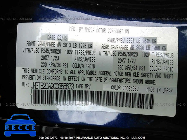 2012 Mazda CX-9 JM3TB2DA2C0355673 image 8