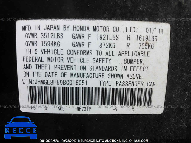 2011 Honda FIT SPORT JHMGE8H59BC016051 image 8