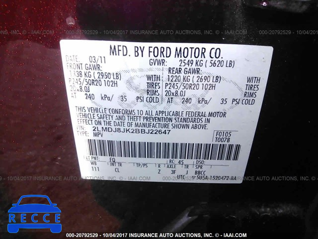 2011 Lincoln MKX 2LMDJ8JK2BBJ22647 зображення 8