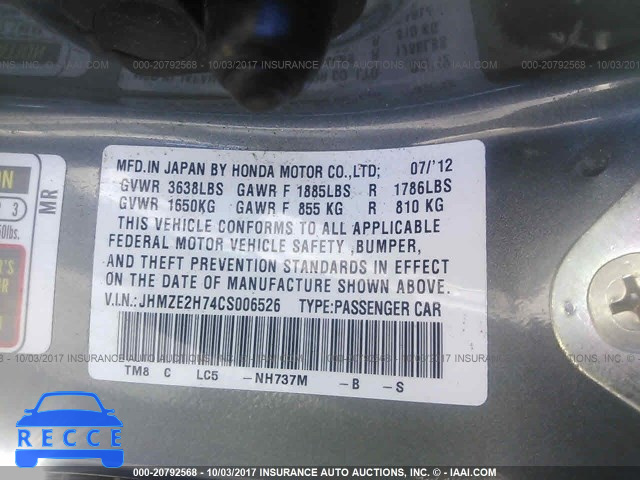 2012 HONDA INSIGHT EX JHMZE2H74CS006526 image 8