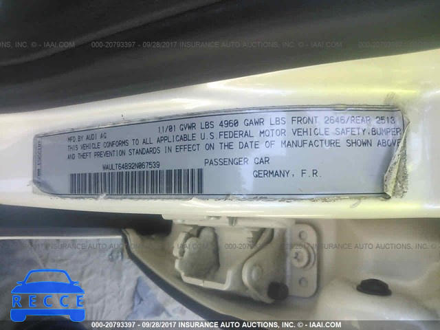 2002 Audi A6 WAULT64B92N067539 image 8