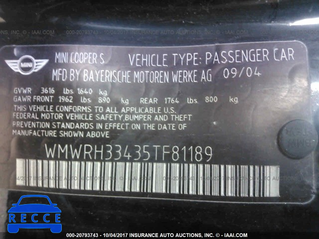 2005 Mini Cooper S WMWRH33435TF81189 image 8