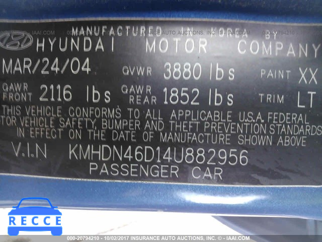 2004 Hyundai Elantra KMHDN46D14U882956 зображення 8
