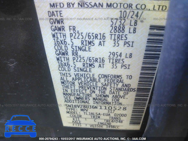 2006 Nissan Quest 5N1BV28U36N110528 image 8