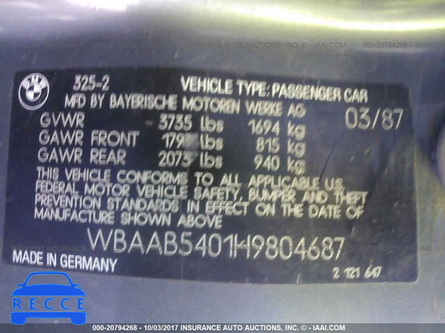 1987 BMW 325 E WBAAB5401H9804687 image 8