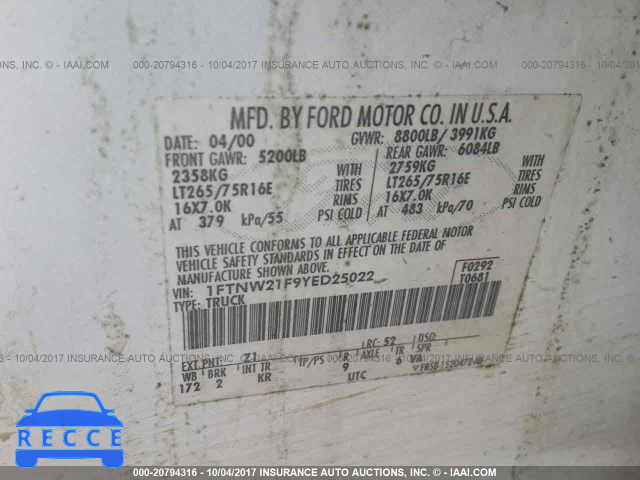 2000 Ford F250 1FTNW21F9YED25022 image 8