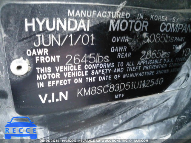 2001 Hyundai Santa Fe GLS/LX KM8SC83D51U112540 image 8