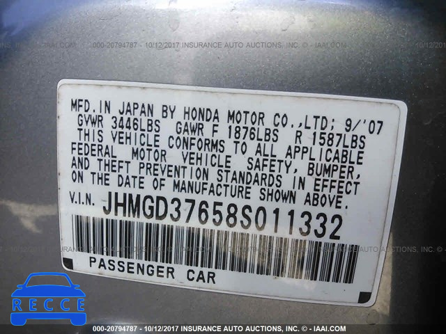 2008 Honda FIT SPORT JHMGD37658S011332 image 8