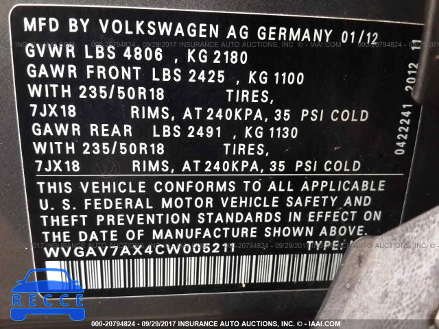 2012 Volkswagen Tiguan S/SE/SEL WVGAV7AX4CW005211 Bild 8