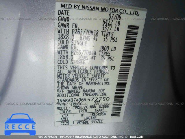 2006 Nissan Titan XE/SE/LE 1N6BA07A06N572750 зображення 8