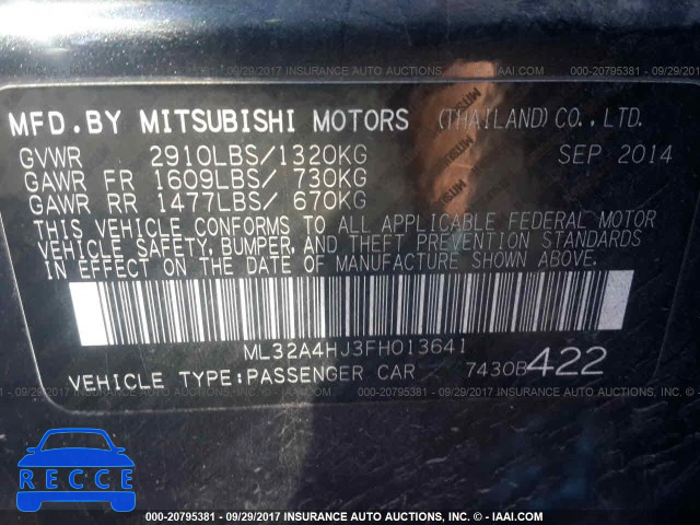 2015 Mitsubishi Mirage ML32A4HJ3FH013641 зображення 8