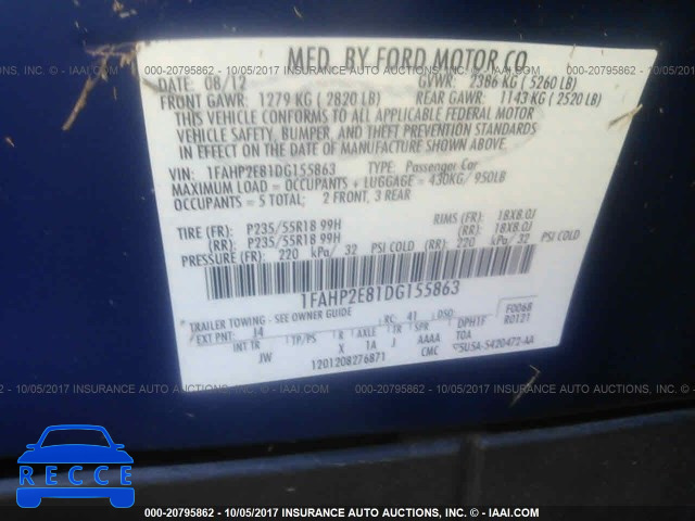 2013 Ford Taurus 1FAHP2E81DG155863 зображення 8