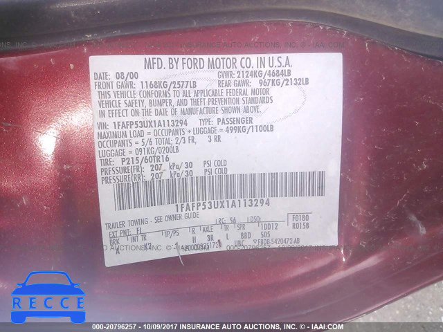 2001 Ford Taurus SE 1FAFP53UX1A113294 image 8