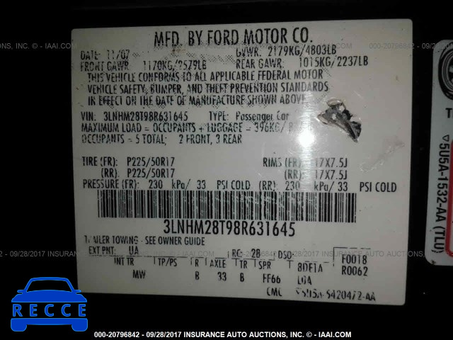 2008 Lincoln MKZ 3LNHM28T98R631645 Bild 8