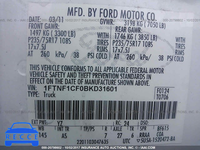 2011 Ford F150 1FTNF1CF0BKD31601 image 8