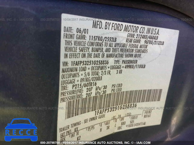 2001 FORD TAURUS 1FAFP53251G258836 image 8