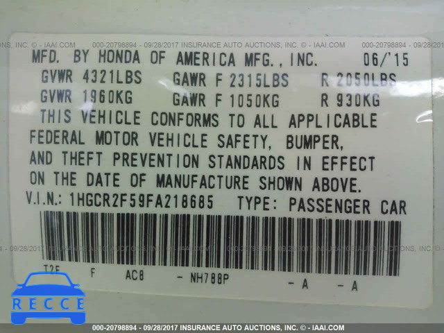 2015 Honda Accord 1HGCR2F59FA218685 зображення 8