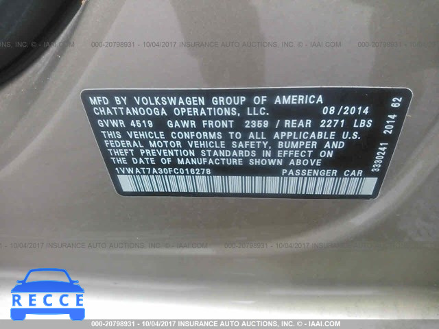 2015 Volkswagen Passat 1VWAT7A30FC016278 image 8