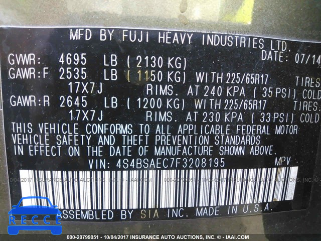2015 SUBARU OUTBACK 2.5I PREMIUM 4S4BSAEC7F3208195 image 8