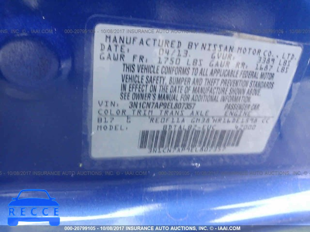 2014 Nissan Versa 3N1CN7AP9EL807357 image 8
