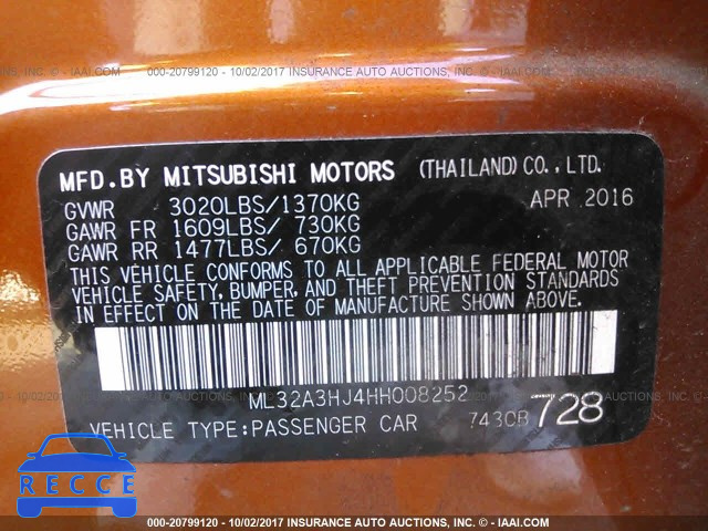 2017 MITSUBISHI MIRAGE ML32A3HJ4HH008252 зображення 8