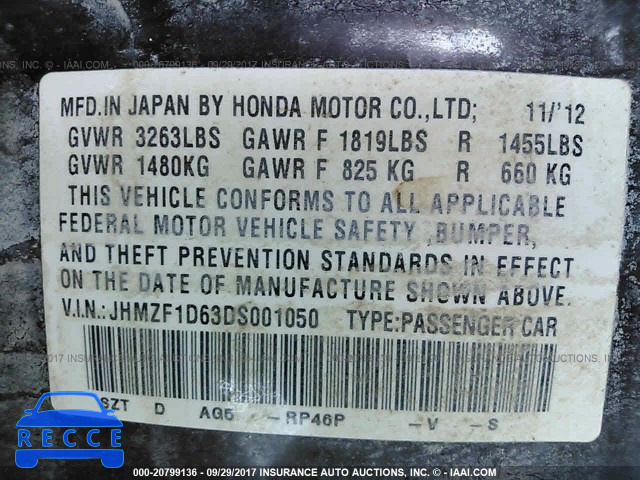 2013 Honda CR-Z EX JHMZF1D63DS001050 image 8