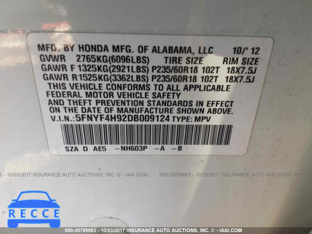 2013 Honda Pilot TOURING 5FNYF4H92DB009124 image 8