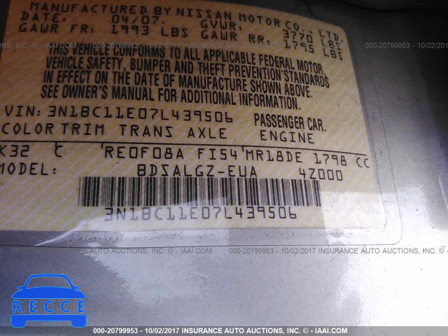 2007 Nissan Versa 3N1BC11E07L439506 image 8