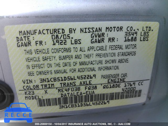 2006 NISSAN SENTRA 3N1CB51D56L452269 image 8